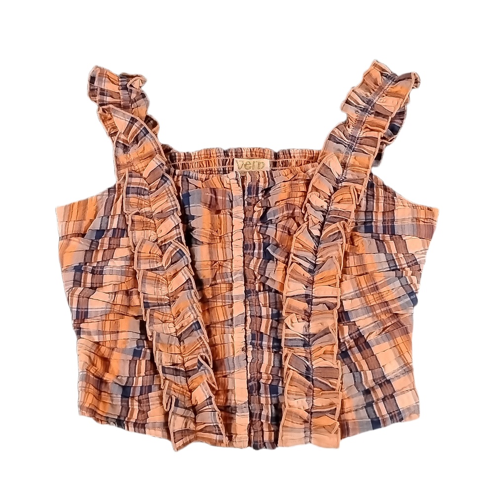 Verb by Pallavi Singhee Ruffled Plaid Tank Top XS Cotton Sleeveless Blouse Shirt